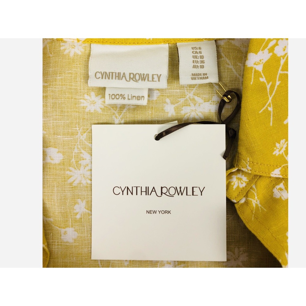 Cynthia Rowley Womens 6 Dress 100% Linen Floral Yellow Collared Casual NWT - Picture 7 of 9